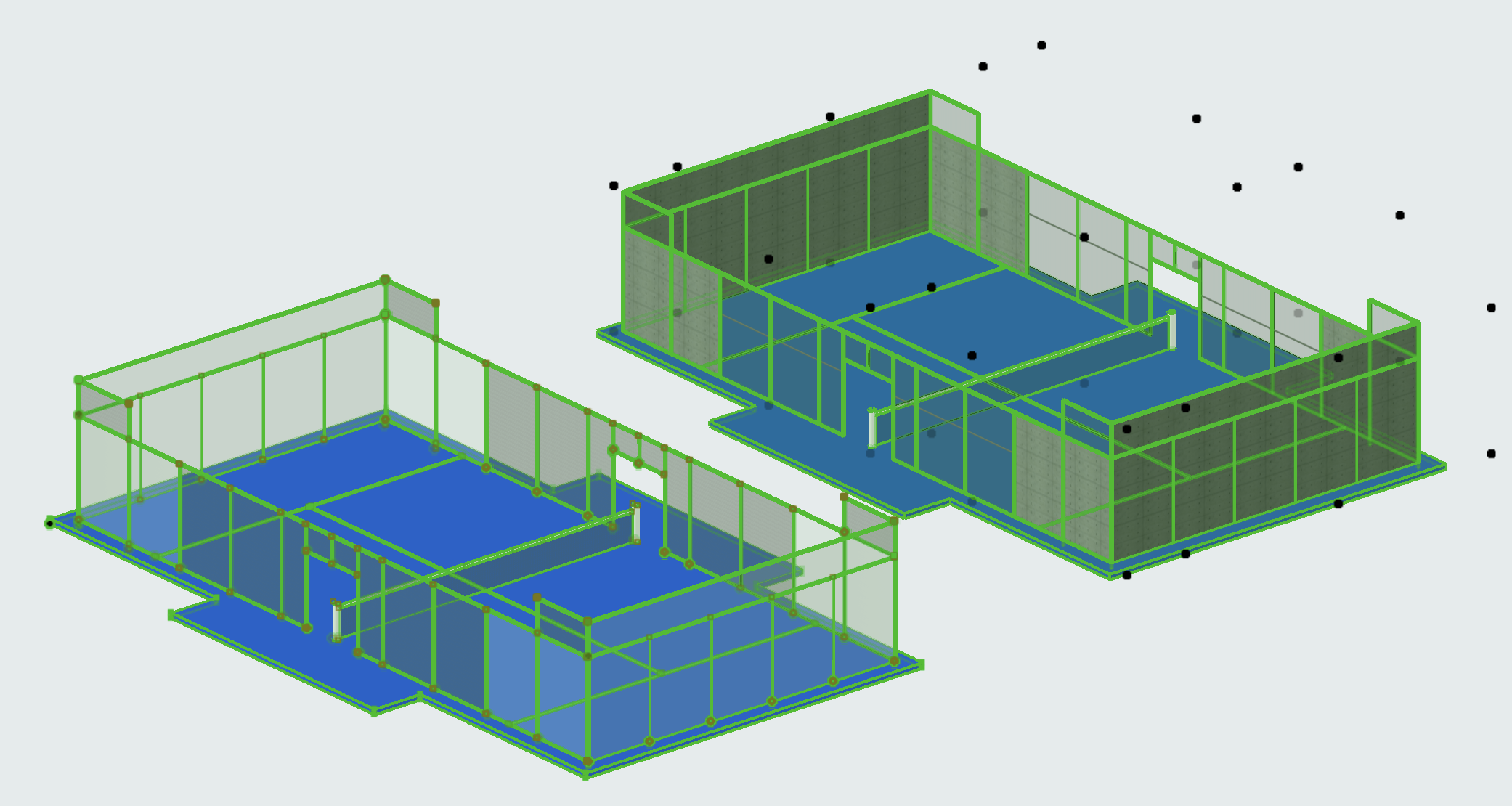 Esempio di modellazione personale di un oggetto BIM tramite strumenti Archicad a sinistra e salvataggio come campo da padel a destra. Mentalità IFC-based sviluppata per Expandia Srl e MOS Srl.